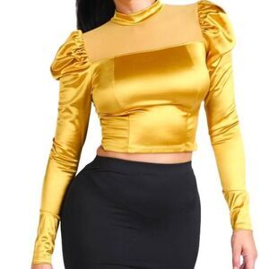 Mesh Contrast Puff Shoulder Satin Top